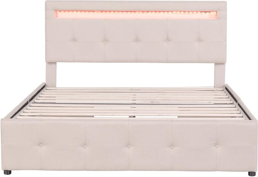 Mobrio Gewatteerd linnen bed 140x200cm met LED en 4 lades met lattenbodem Beige