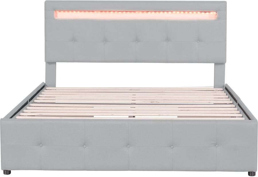 Mobrio Gewatteerd linnen bed 140x200cm met LED en 4 lades met lattenbodem Grijs