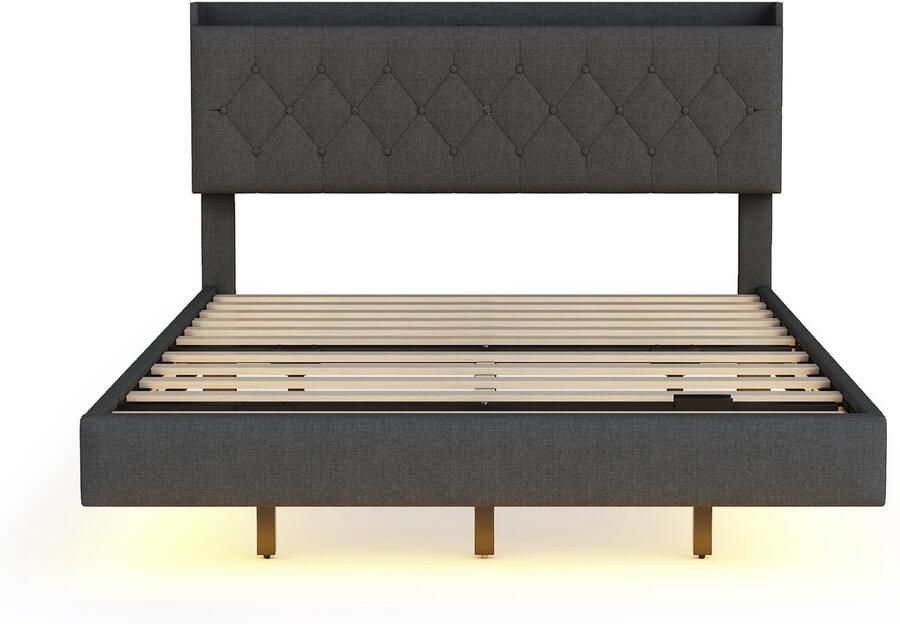 Mobrio Gewatteerd linnen bed 140x200cm met USB & LED-oplaadpoort met lattenbodem Grijs