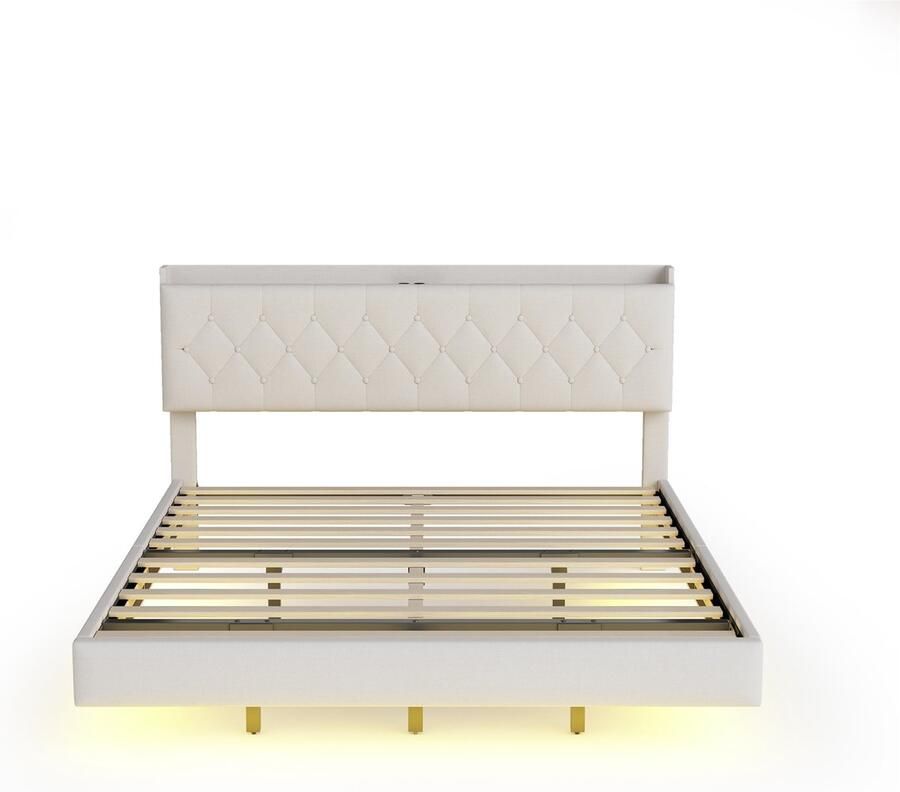 Mobrio Gewatteerd linnen bed 140x200cm met USB & LED-oplaadpoort met lattenbodem Beige