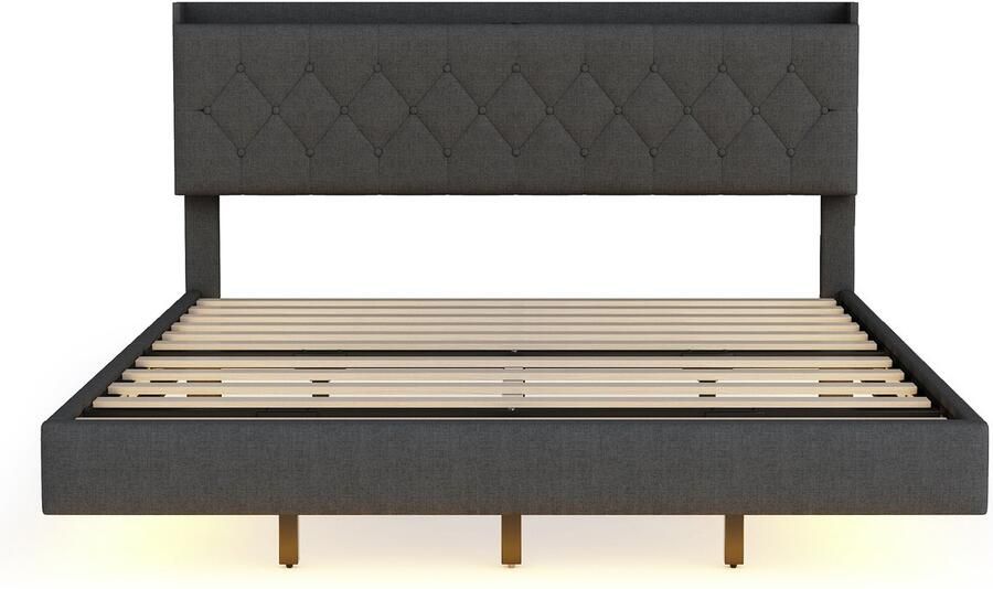 Mobrio Gewatteerd linnen bed 160x200cm met USB & LED-oplaadpoort met lattenbodem Grijs