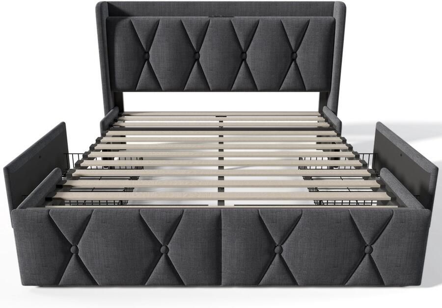 Mobrio Gewatteerd linnen bed van 160x200cm met 4 laden en USB-oplaadpoorten Grijs (matras niet inbegrepen)