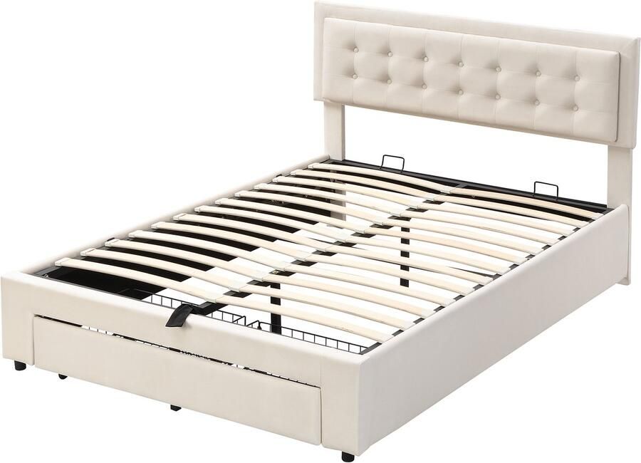 Mobrio Gewatteerd opbergbed 140x190cm in fluweel met lade en lattenbodem Beige (zonder matras)