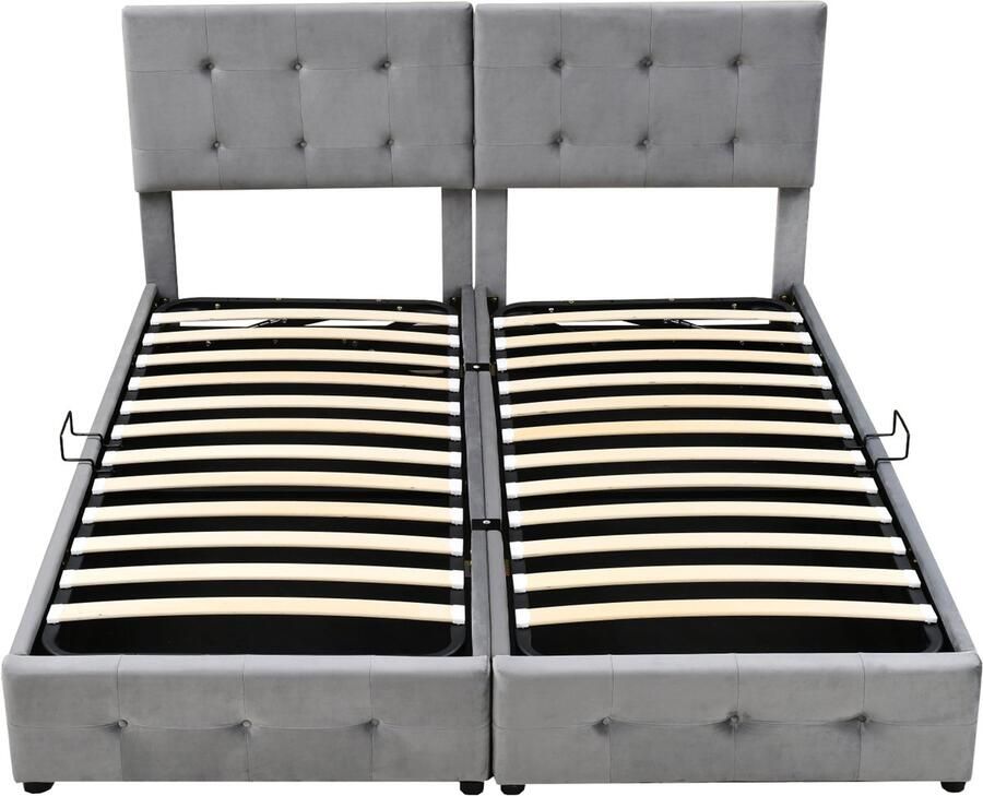 Mobrio Gewatteerd opbergbed 180x200cm in fluweel om te bouwen tot 2 eenpersoonsbedden Grijs