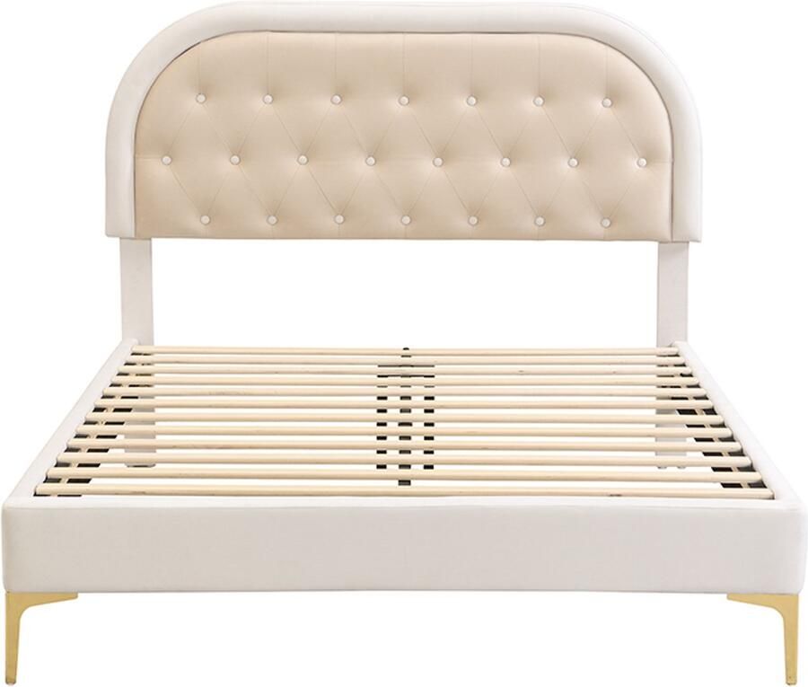 Mobrio Gewatteerd tweepersoonsbed 140x200cm in fluwelen stof met lattenbodem Beige