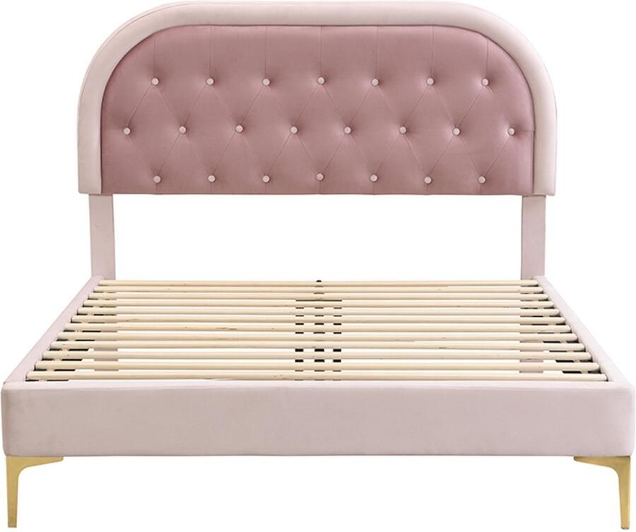 Mobrio Gewatteerd tweepersoonsbed 140x200cm in fluwelen stof met lattenbodem Roze