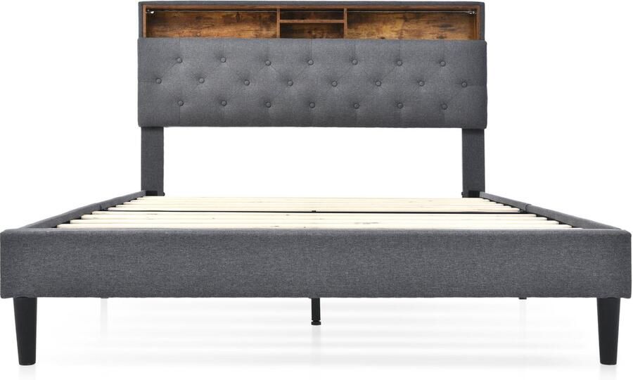 Mobrio Gewatteerd tweepersoonsbed 140x200cm in linnen met LED en opbergruimte lattenbodem Grijs