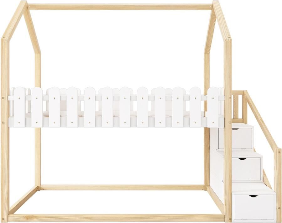 Mobrio Grenenhouten stapelbed 90x200 cm met opbergladder Wit & Naturel