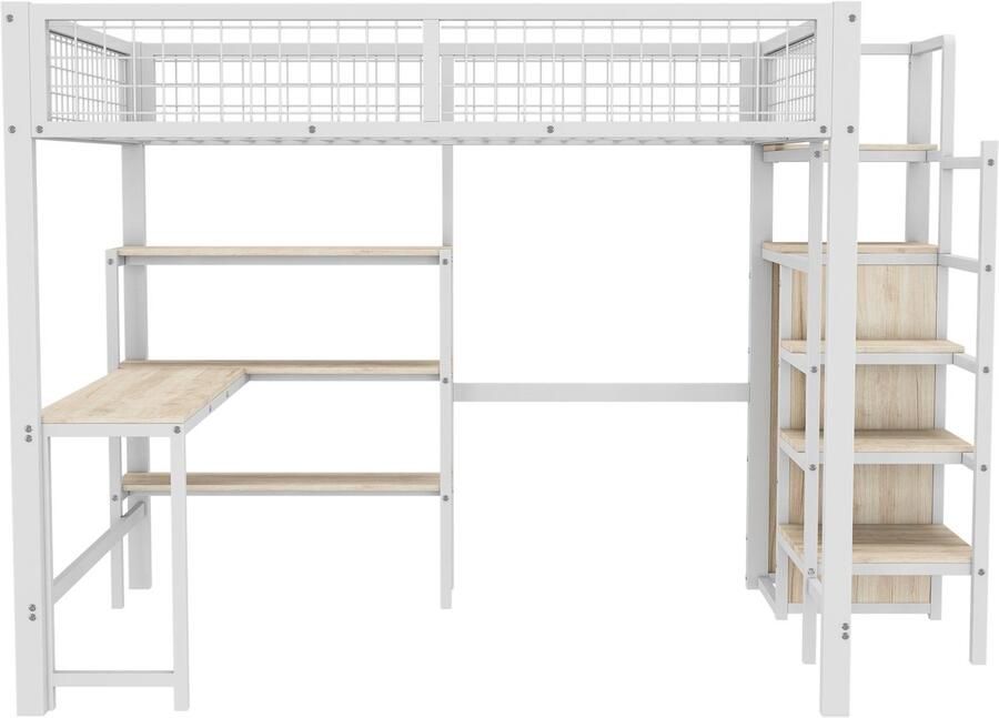 Mobrio Hoogslaper 140x200 cm ijzeren frame met bureau en planken Wit