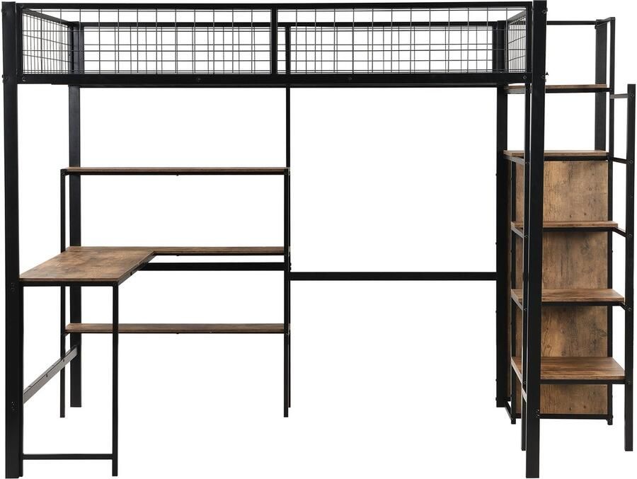 Mobrio Hoogslaper 140x200 cm ijzeren frame met bureau en planken Zwart