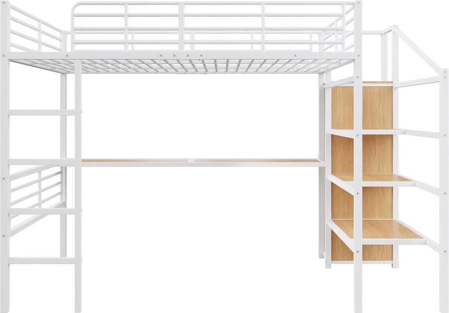 Mobrio Hoogslaper 140x200 cm – met bureau – open kledingkast – opbergtrappen – ijzeren structuur – wit (matras niet inbegrepen)