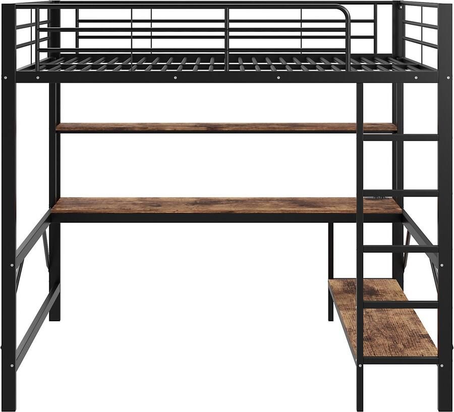 Mobrio Hoogslaper 140x200 cm met spijlen met ladder met USB en stopcontacten met LED-verlichting met bureau + meerlaagse planken zwart (zonder matras)