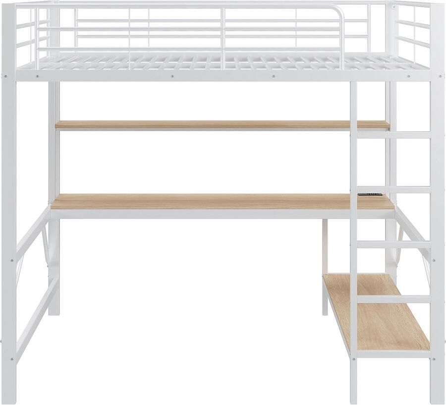 Mobrio Hoogslaper 140x200 cm met spijlen met ladder met USB en stopcontacten met LED-verlichting met bureau + meerlaagse planken wit (zonder matras)