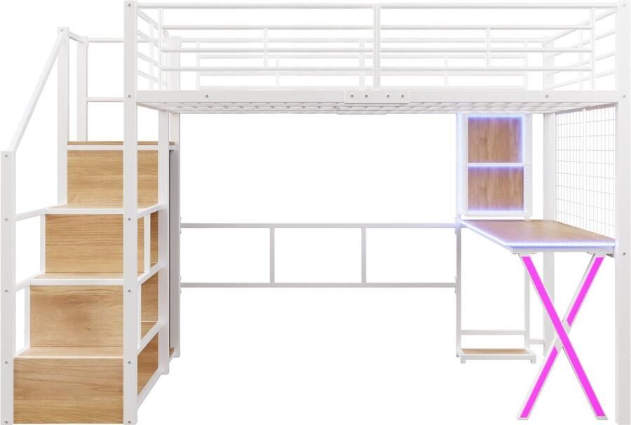 Mobrio Hoogslaper 140x200cm met LED bureau + kledingkast + opbergladder Wit