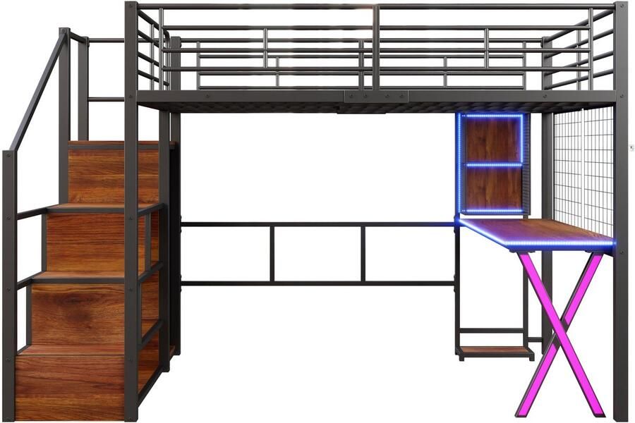 Mobrio Hoogslaper 140x200cm met LED bureau + kledingkast + opbergladder Zwart