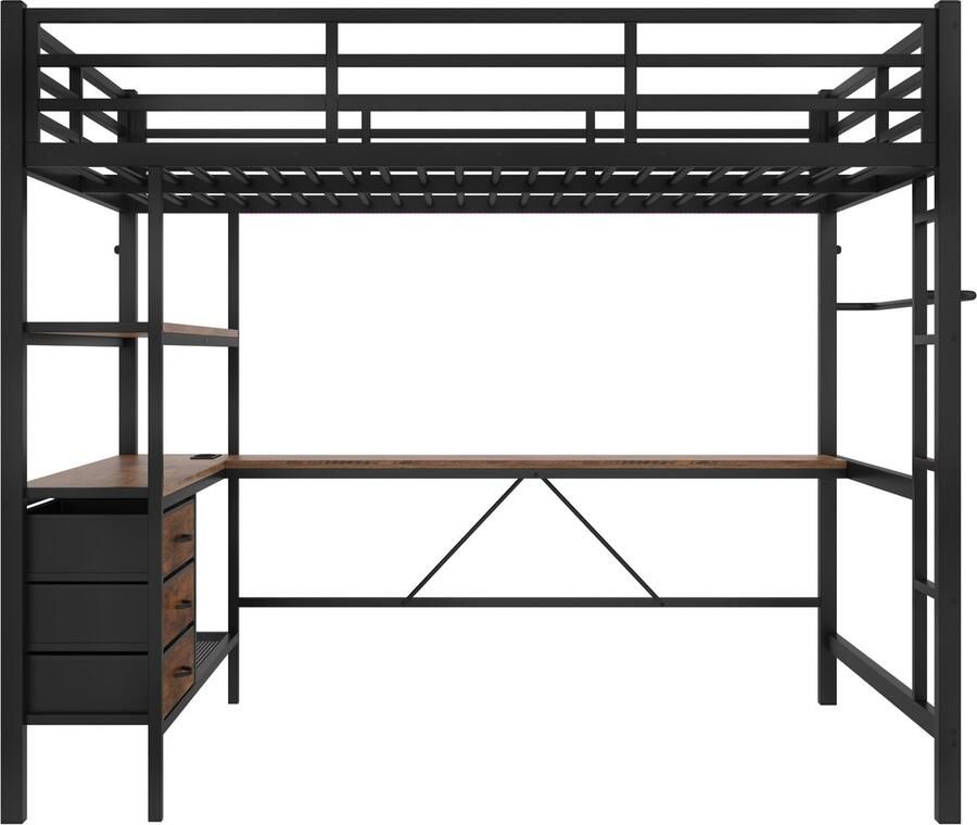 Mobrio Hoogslaper 140x200cm met LED en stopcontacten bureau met 3 lades en plank Zwart