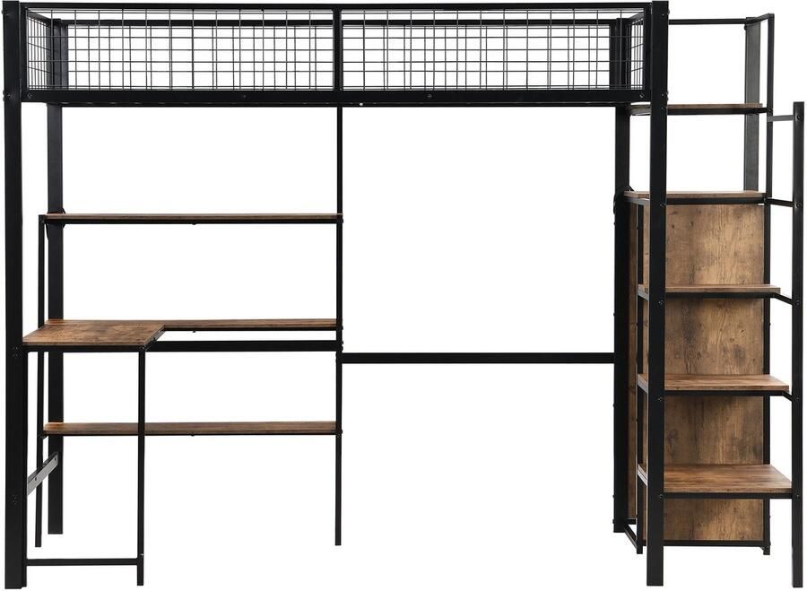 Mobrio Hoogslaper 90x200 cm ijzeren frame met bureau en planken Zwart