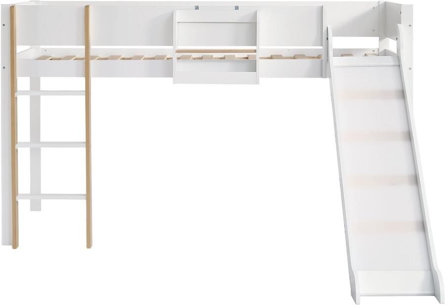 Mobrio Hoogslaper 90x200 cm met afneembare planken met ladder en glijbaan in grenenhout en MDF Wit