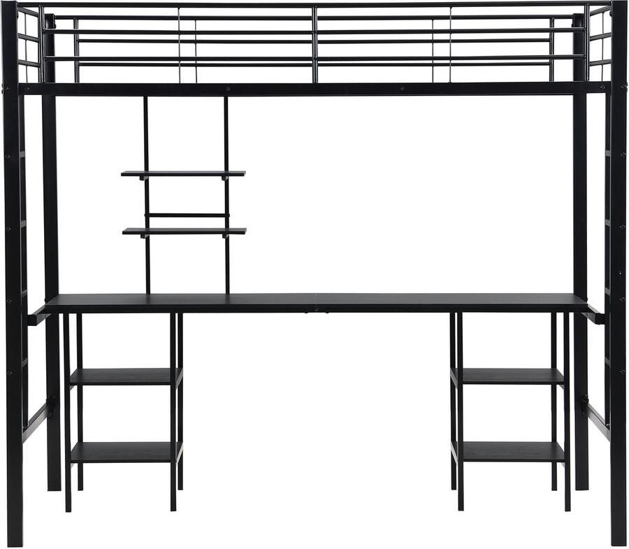 Mobrio Hoogslaper 90x200 cm met bureau en planken ijzeren frame Zwart