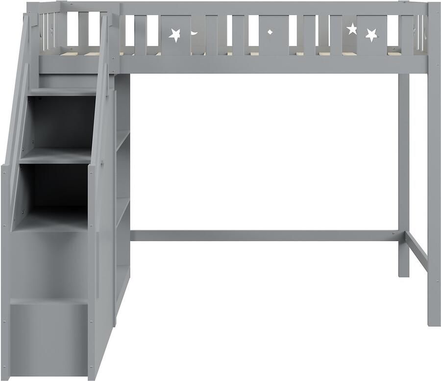 Mobrio Hoogslaper 90x200 cm met planken en opbergladder massief hout Grijs