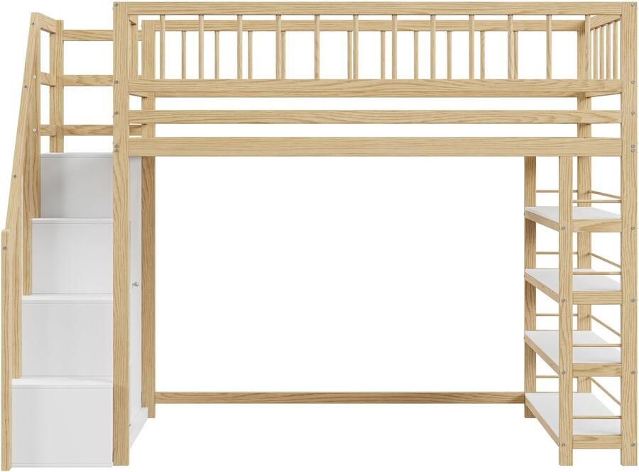 Mobrio Hoogslaper 90x200 cm met planken en opbergladder massief hout Naturel