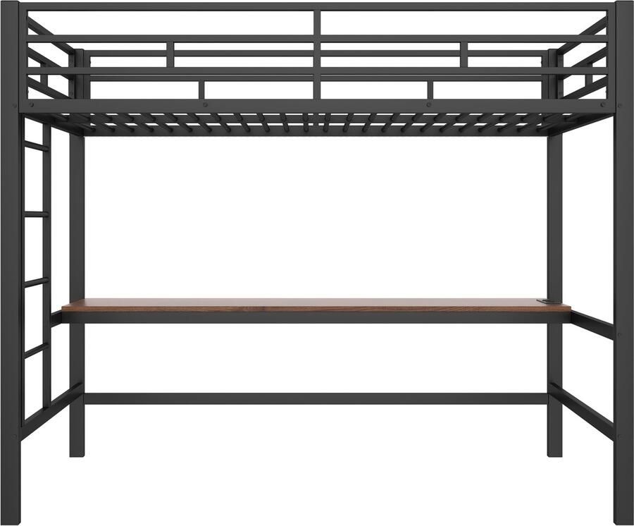 Mobrio Hoogslaper 90x200 cm met spijlen met ladder tafel met USB en stopcontacten bekabelde lichtstrip metaal zwart (matras niet inbegrepen)