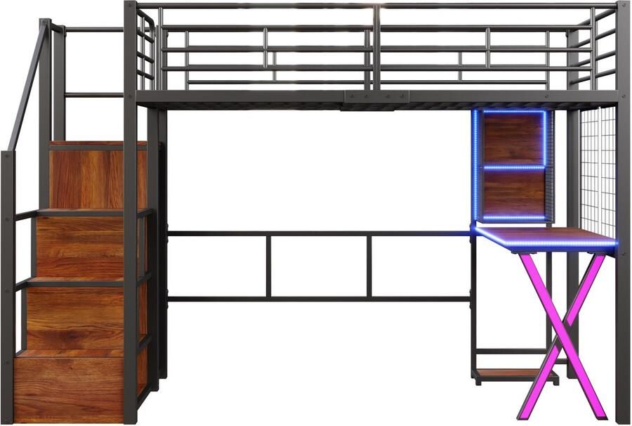 Mobrio Hoogslaper 90x200cm met LED bureau + kledingkast + opbergladder Zwart