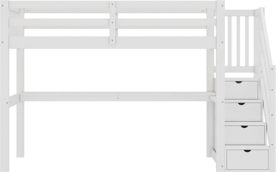 Mobrio Hoogslaper van grenenhout 90x200cm met opbergtrap en bureau met lattenbodem Wit