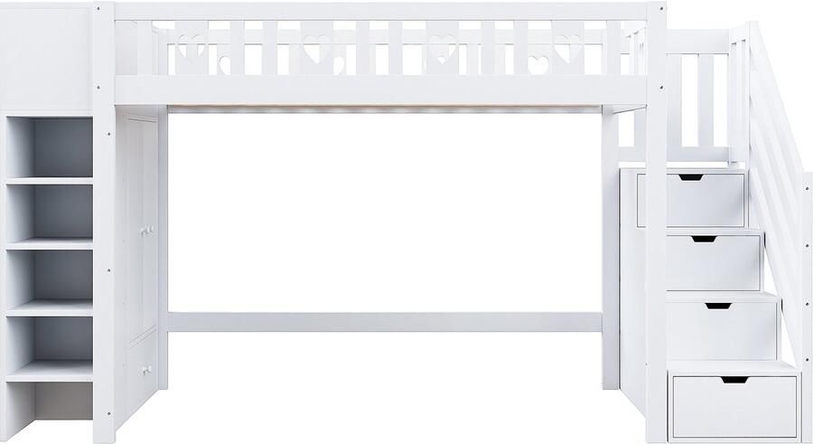 Mobrio Hoogslaper van hout 90x200 cm met meerdere opbergruimtes & opbergladder Wit