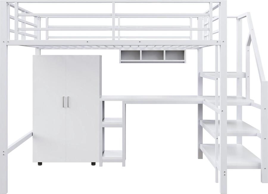 Mobrio Hoogslaper van metaal 140x200 cm met bureau kledingkast en opbergladder Wit