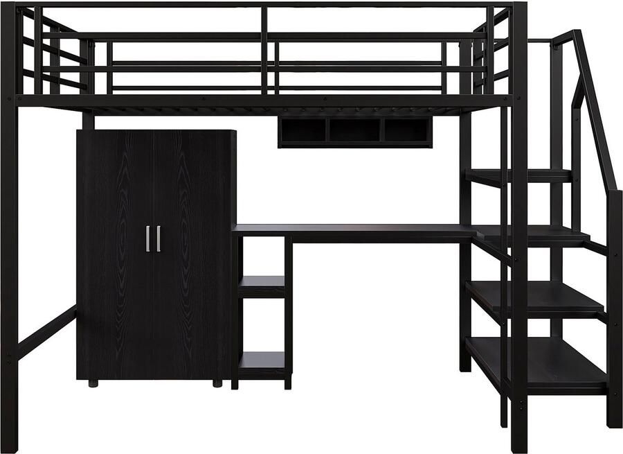 Mobrio Hoogslaper van metaal 140x200 cm met bureau kledingkast en opbergladder Zwart