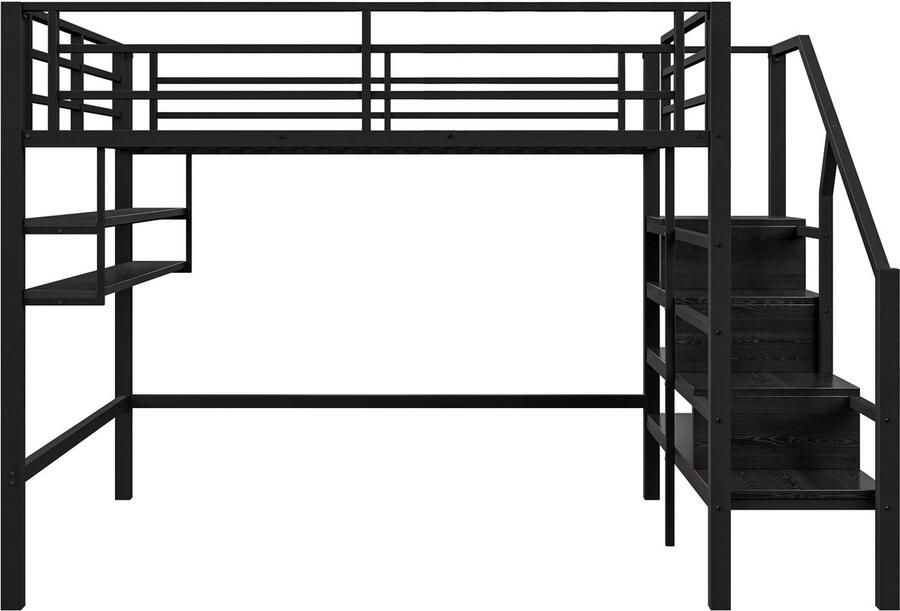 Mobrio Hoogslaper van metaal 140x200 cm met plank en opbergladder Zwart