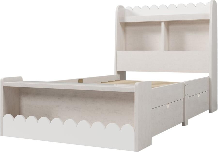 Mobrio Eenpersoons houten bed 90x200cm met 2 lades en planken Wit (matras niet inbegrepen)