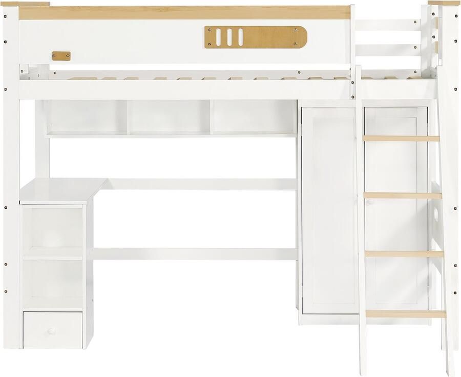 Mobrio Houten hoogslaper 90x200 cm met planken bureau en kledingkast Wit