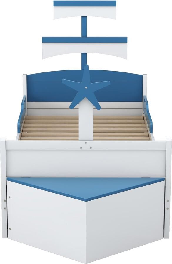 Mobrio Houten kinderbed 90x200cm met lade en ladekast in de vorm van een zeilboot Blauw