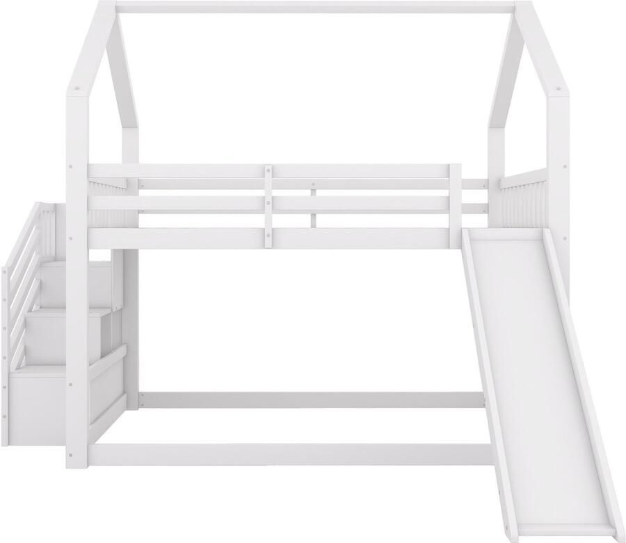 Mobrio Houten stapelbed 140x200cm met hekken + opbergtrap + glijbaan Wit