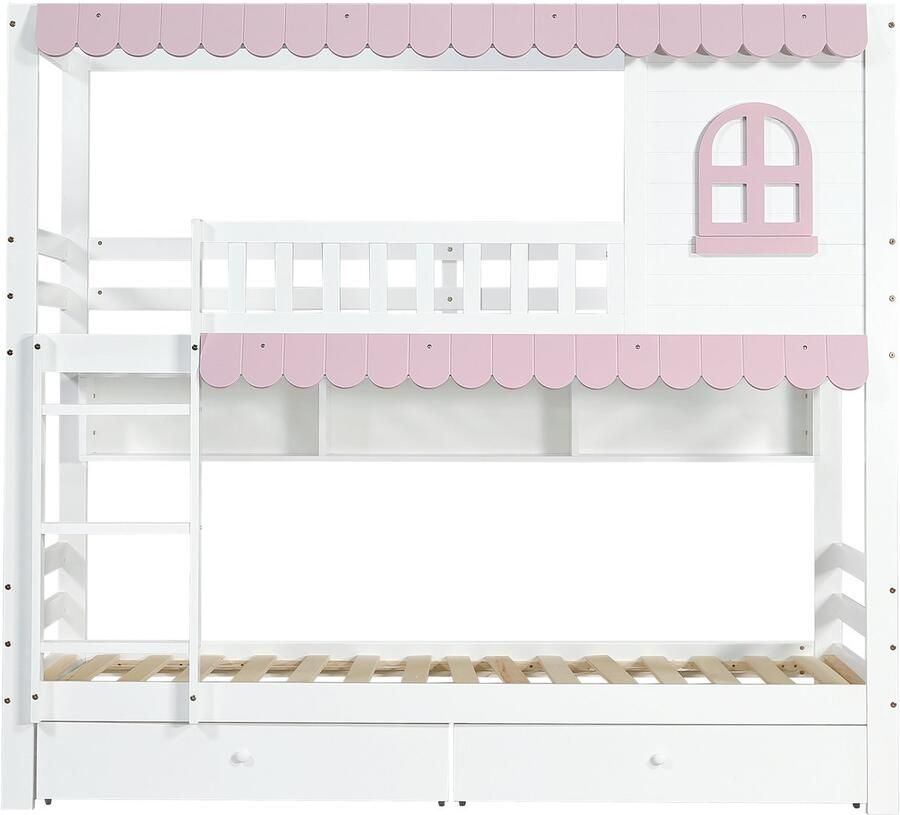 Mobrio Houten stapelbed 90x200 cm met 2 lades en planken Wit & Roze (zonder gordijnen)