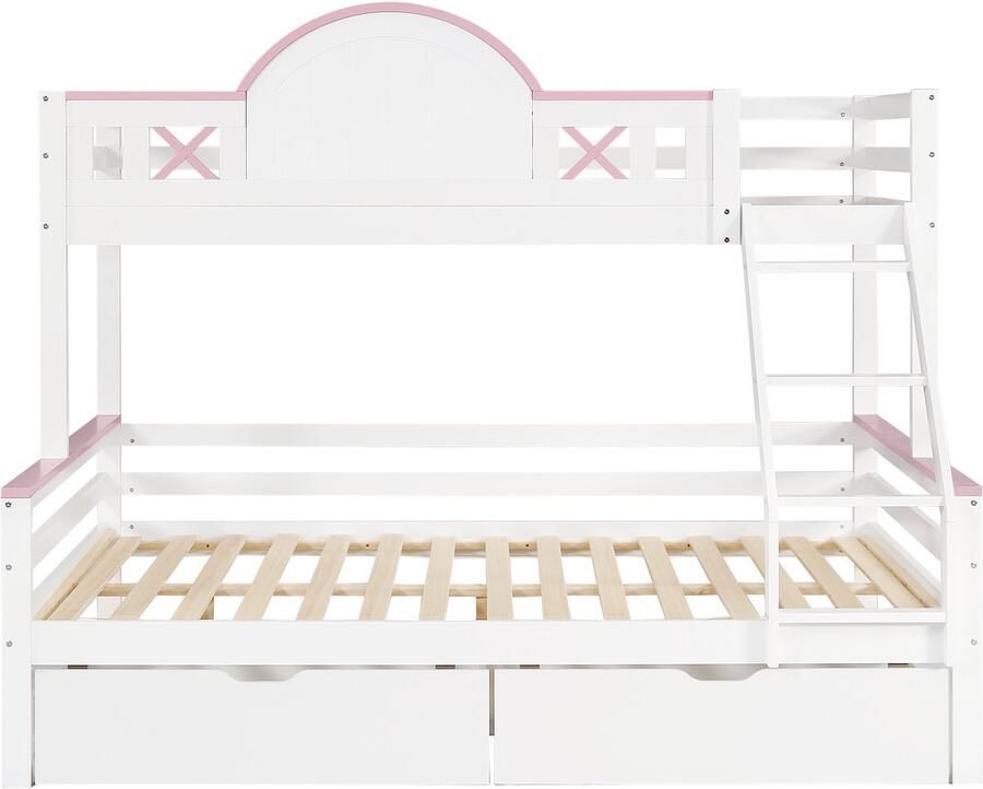 Mobrio Houten stapelbed 90x200cm + 140x200cm met ladder en 2 lades Wit & Roze