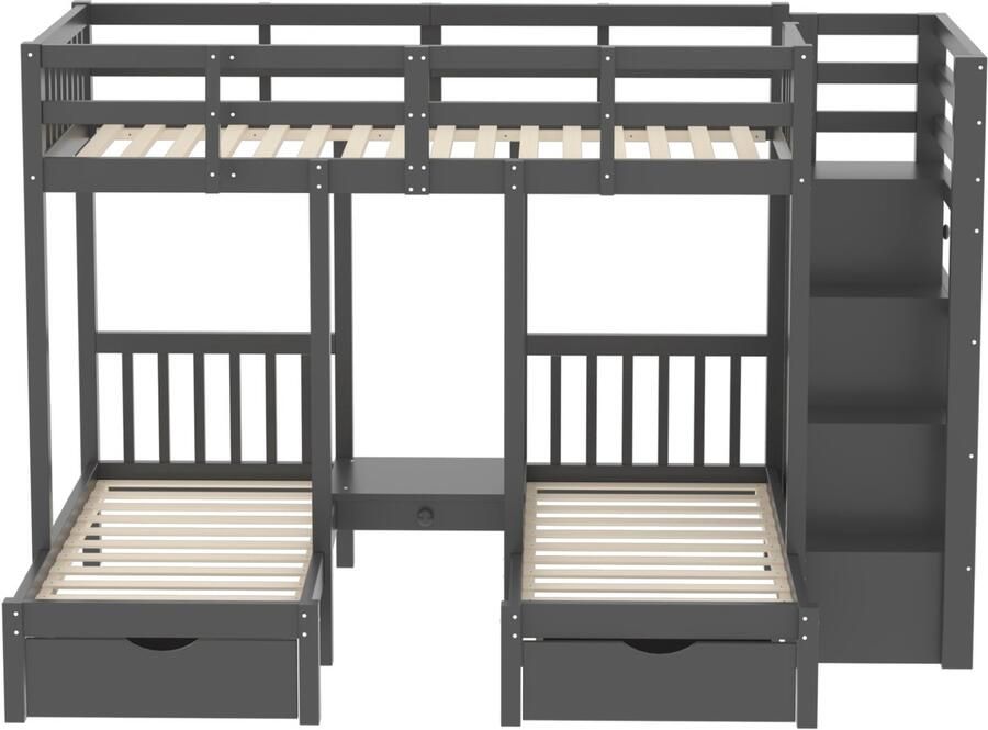Mobrio Houten stapelbed 90x200cm + 2x70x140cm met 2 lades en opbergladder Grijs