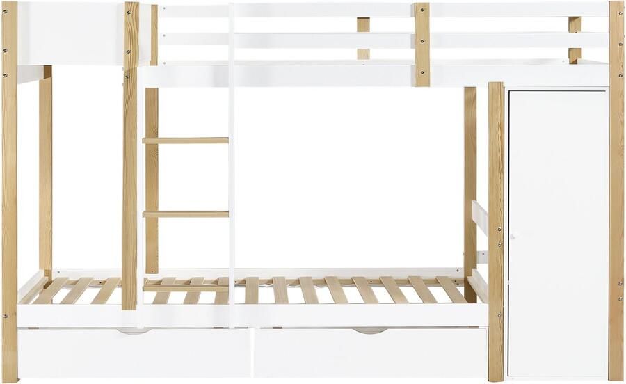 Mobrio Houten stapelbed 90x200cm met 1 opbergmeubel en 2 laden op wielen Wit