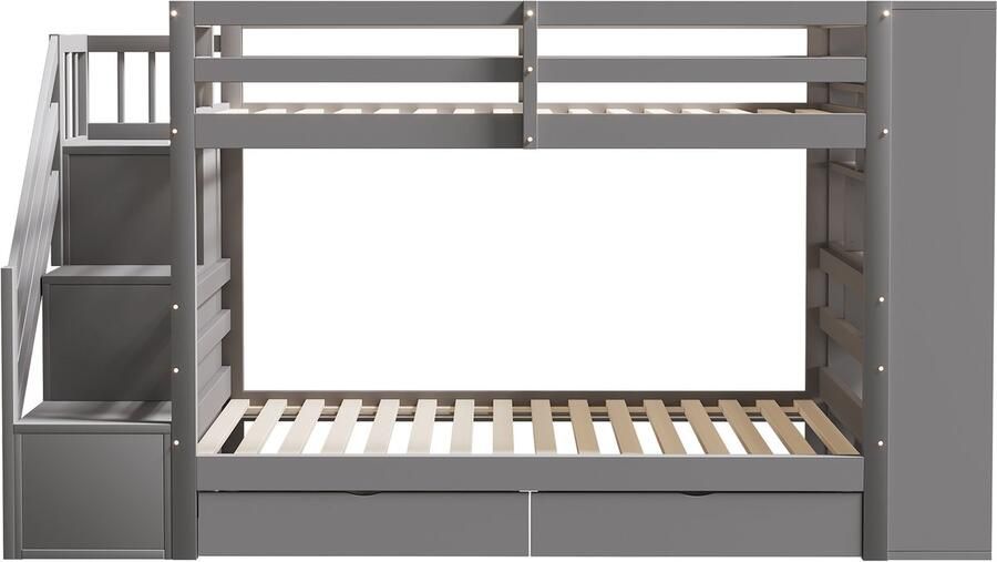 Mobrio Houten stapelbed 90x200cm met 2 lades & boekenkast Grijs