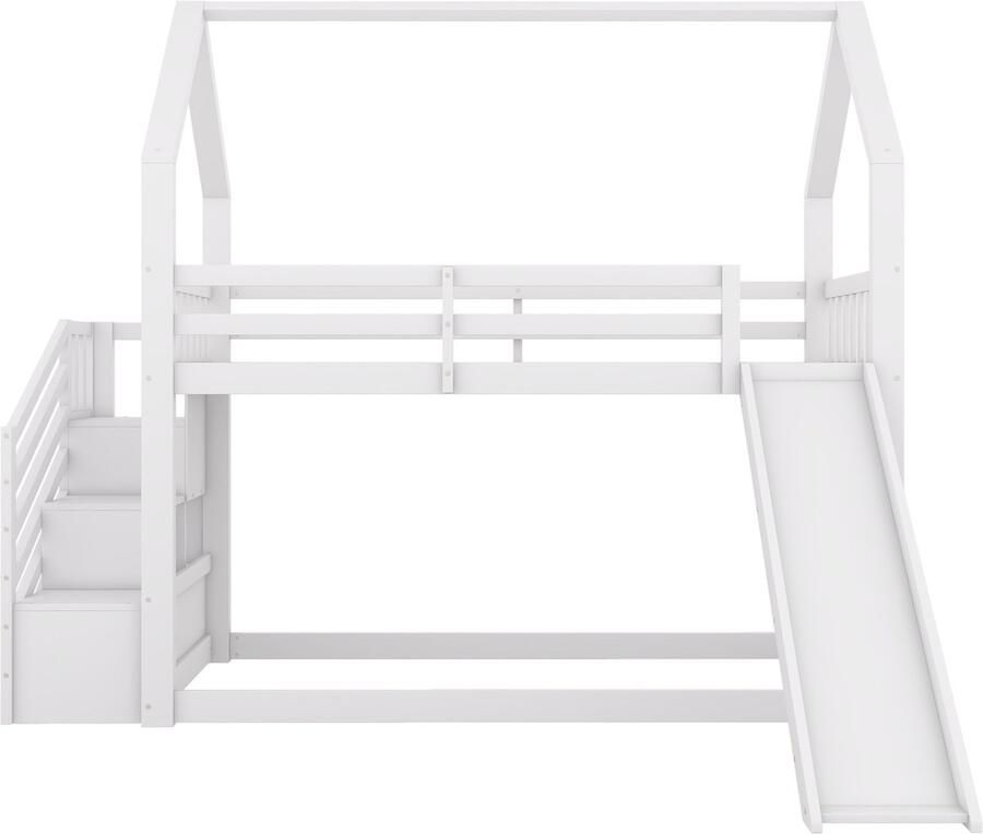 Mobrio Houten stapelbed 90x200cm met barrières + opbergtrap + glijbaan Wit