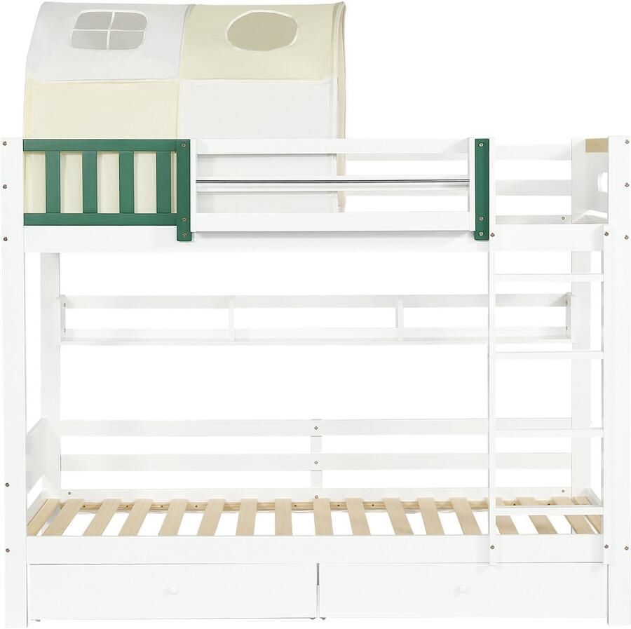 Mobrio Houten stapelbed 90x200cm met ladder en 2 laden op wielen Wit