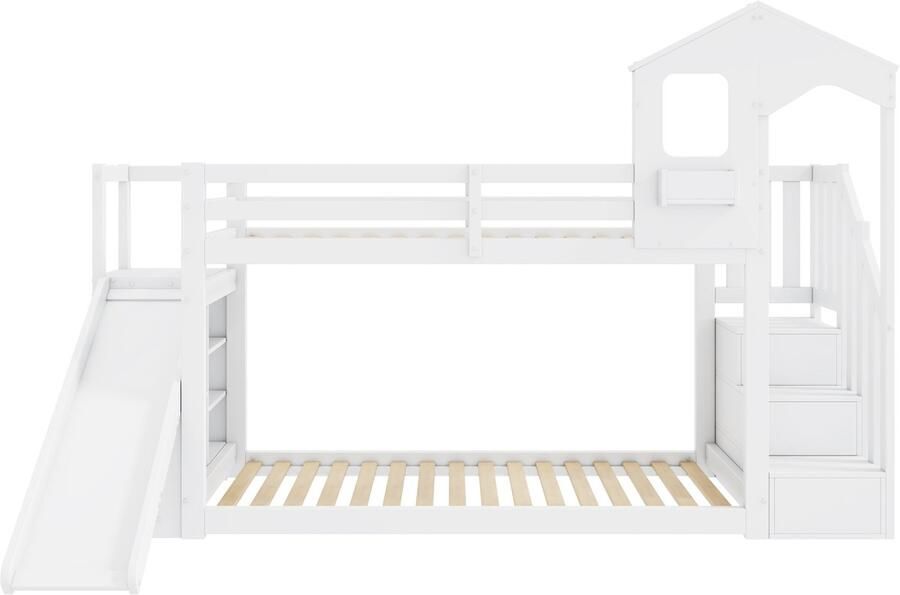 Mobrio Houten stapelbed 90x200cm met opbergtrap en glijbaan Wit