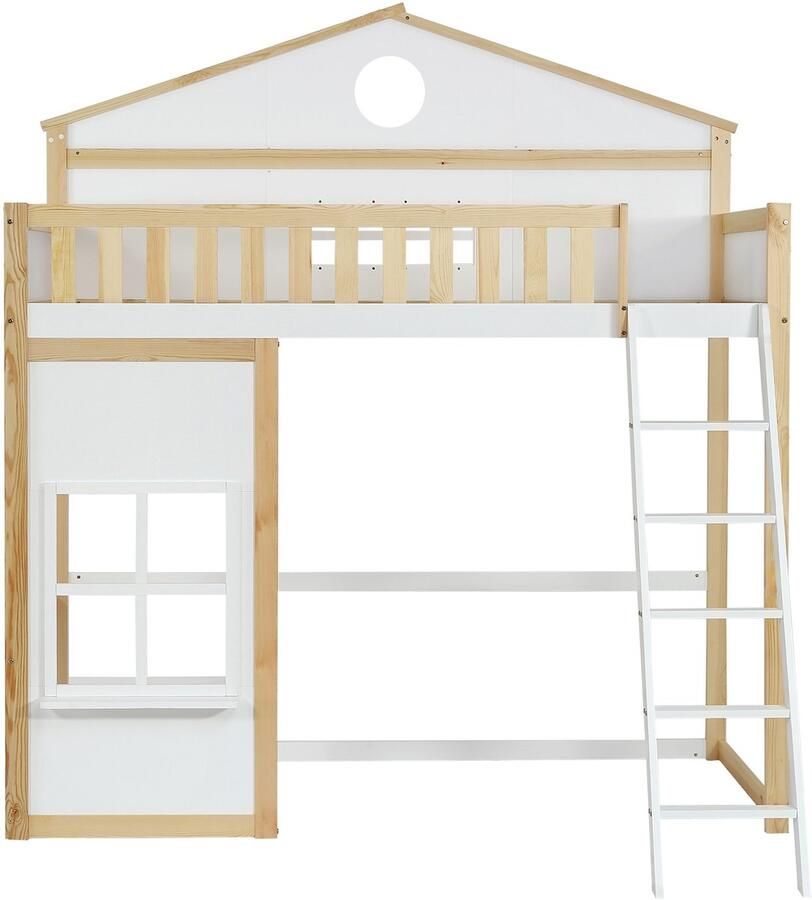 Mobrio Houten stapelbed 90x200cm met trap en veiligheidsbarrières Wit & Naturel