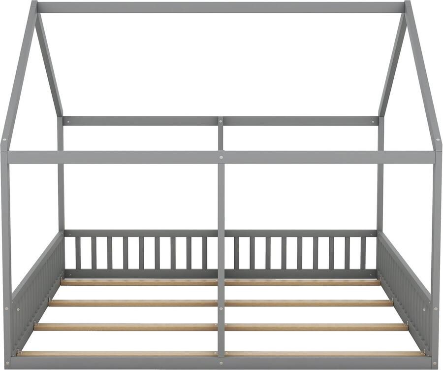 Mobrio Kajuitbed van grenenhout 2x90x200cm met dak en lattenbodem Grijs