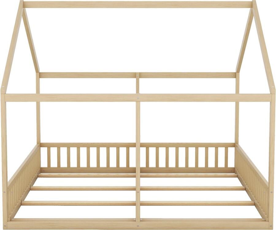 Mobrio Kajuitbed van grenenhout 2x90x200cm met dak en lattenbodem Naturel