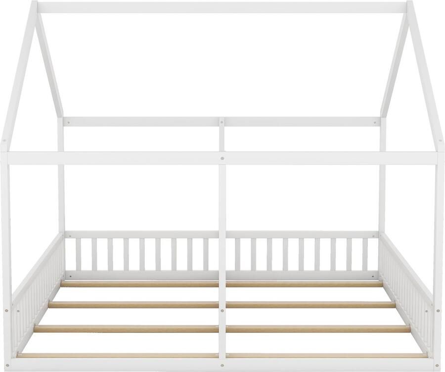 Mobrio Kajuitbed van grenenhout 2x90x200cm met dak en lattenbodem Wit