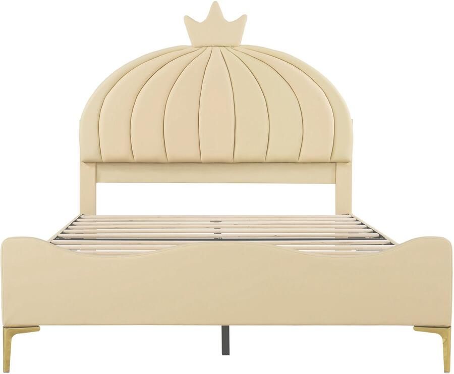 Mobrio Kinderbed 140x200cm in kunstleer pompoenvormig hoofdeinde met lattenbodem Beige