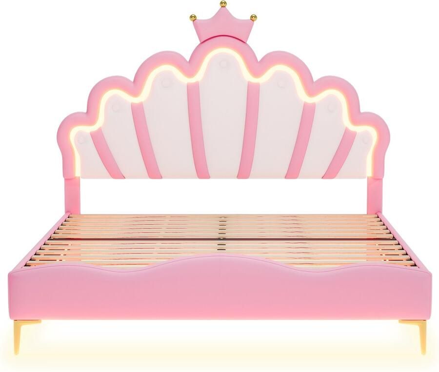 Mobrio Kinderbed 140x200cm met LED prinsessenbed met kunstleren kussen Roze